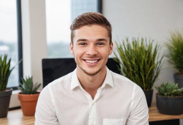 Un bel homme au bureau avec un comportement agréable entouré de plantes vertes rayonnant un calme