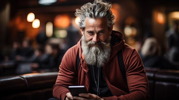 un bel homme barbu dans une chemise blanche élégante utilise un téléphone intelligent en arrière-plan