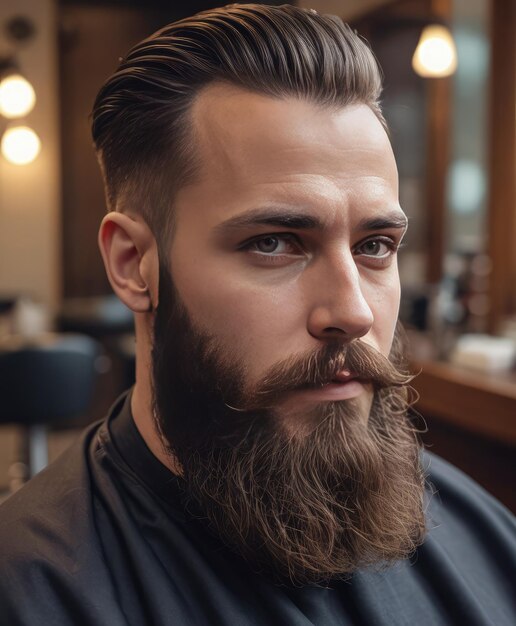 Un bel homme barbu dans un salon de coiffure La barbe et la coiffure d'un homme dans une coiffure