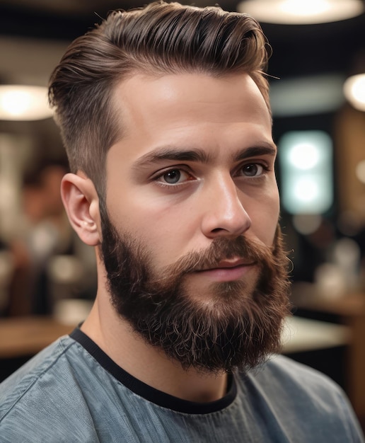 Un bel homme barbu dans un salon de coiffure La barbe et la coiffure d'un homme dans une coiffure