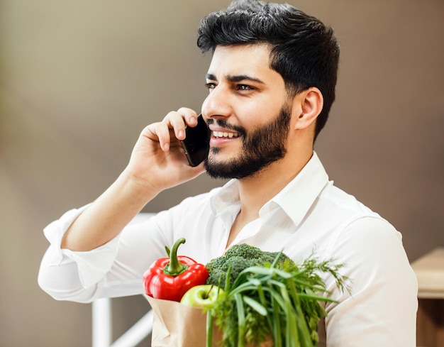 Bel homme barbu tenant un sac à provisions avec des aliments nutritifs sains parlant par téléphone