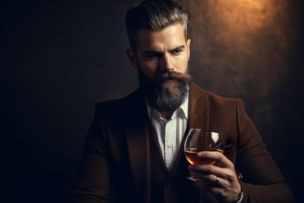 Bel homme barbu avec un verre de whisky sur fond sombre Generative AI