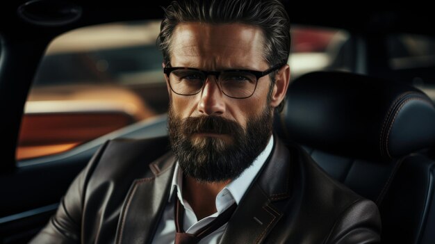 Un bel homme barbu avec une veste en cuir et des lunettes conduit une voiture.