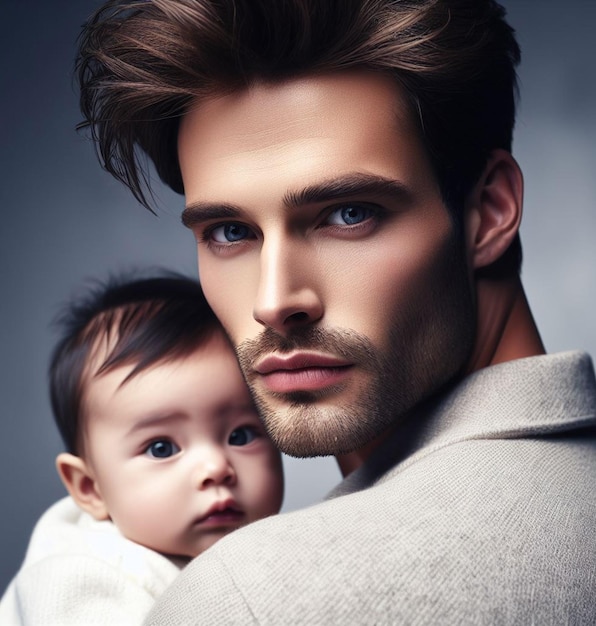 Photo un bel homme avec un bébé sur ses genoux.