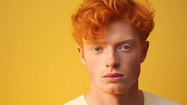 Un bel homme caucasien élégant et sexy avec une peau parfaite et des cheveux roux sur une bannière jaune.