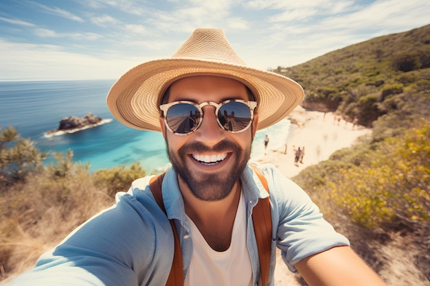 Un bel homme avec un chapeau et des lunettes de soleil qui prend un selfie.