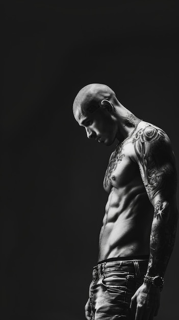 Photo un bel homme chauve avec des tatouages flexant les muscles