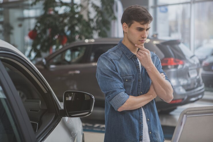 Bel homme choisissant nouvelle voiture à acheter