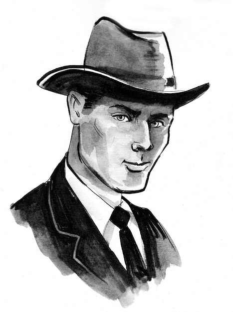 Bel homme en costume et chapeau. Dessin à l'encre et à l'aquarelle