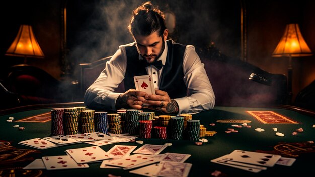 Photo un bel homme en costume tenant des jetons de poker et des cartes à jouer.