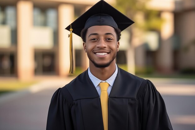Un bel homme dans son jour de diplôme portant un costume et une casquette de diplôme et posant devant le collège