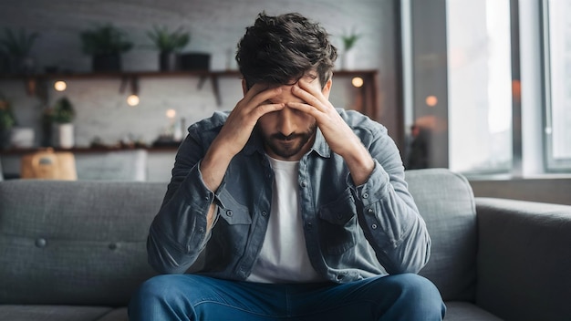 Un bel homme déprimé en vêtements décontractés.