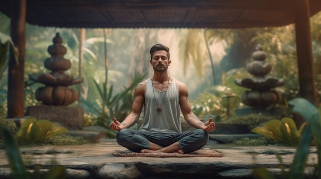 Bel homme faisant du yoga en position du lotus dans la nature Le concept d'apprentissage et de sport dans la nature