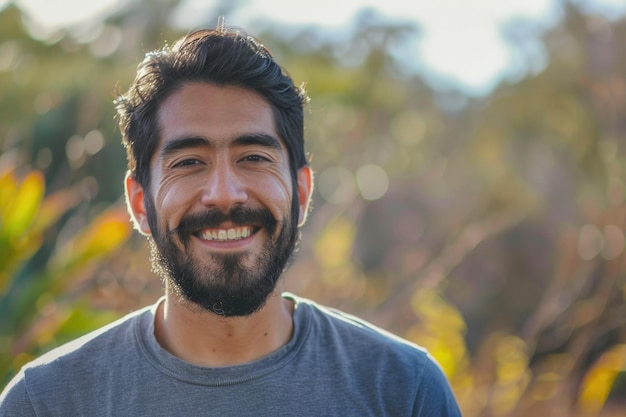 Un bel homme hispanique avec une barbe souriant heureux à l'extérieur