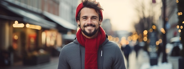 Photo bel homme joyeux debout dans la ville de noël décorée portrait en gros plan d'un homme dans un chapeau de père noël