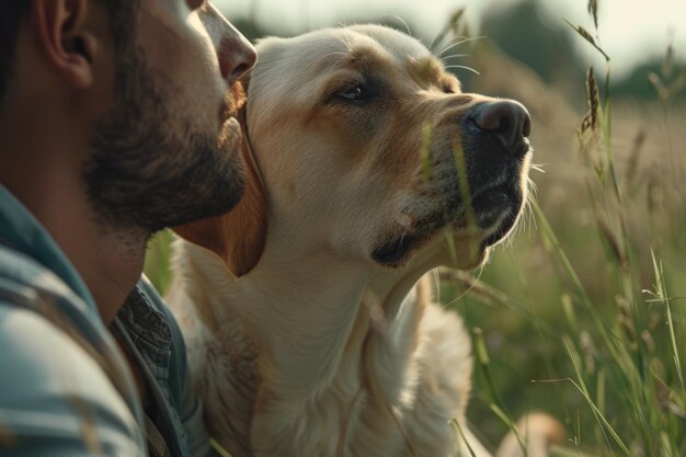 Photo un bel homme avec un labrador à l'extérieur sur l'herbe verte