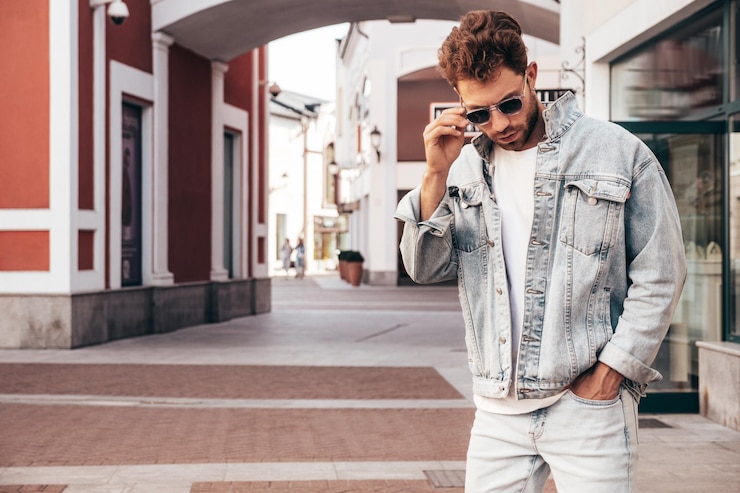 Photo un bel homme à la mode, vêtu d'une veste jeans, posant dans la rue.