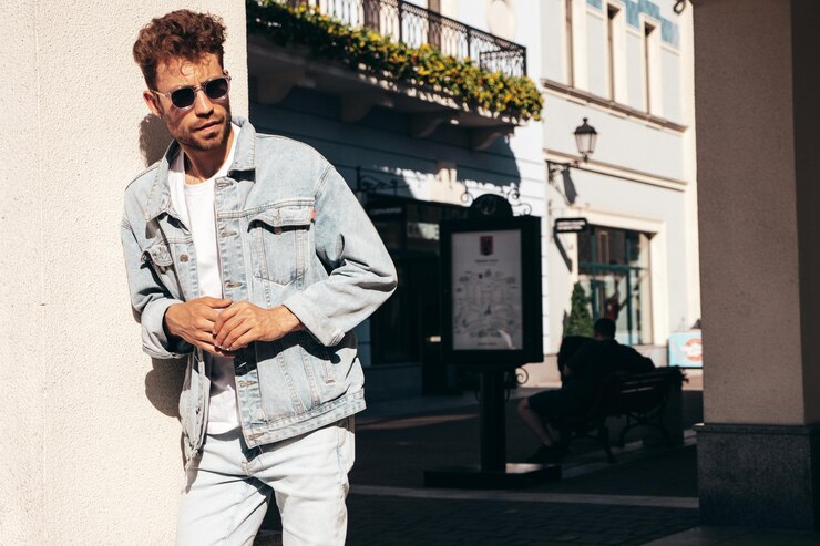 Photo un bel homme à la mode, vêtu d'une veste jeans, posant dans la rue.