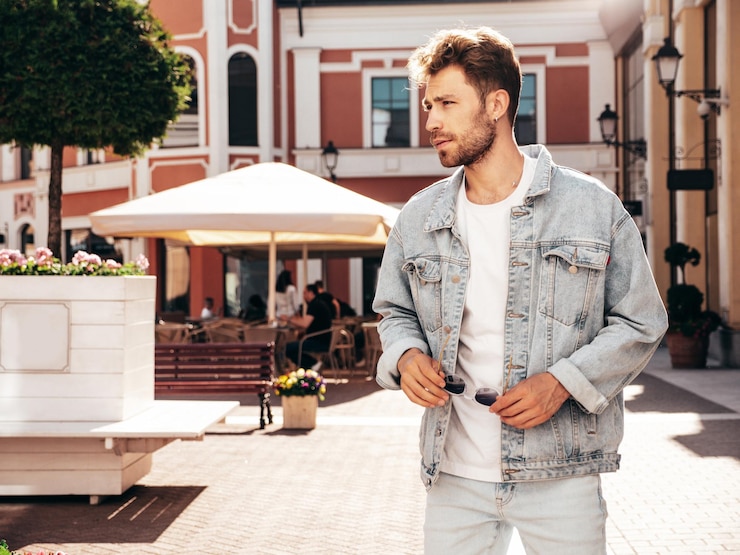 Photo un bel homme à la mode, vêtu d'une veste jeans, posant dans la rue.
