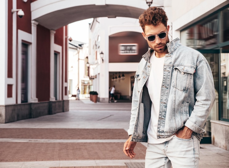 Photo un bel homme à la mode, vêtu d'une veste jeans, posant dans la rue.