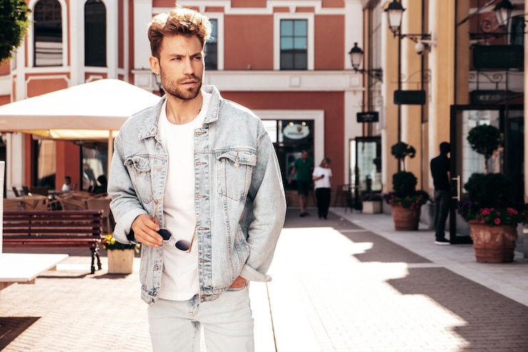 Photo un bel homme à la mode, vêtu d'une veste jeans, posant dans la rue.
