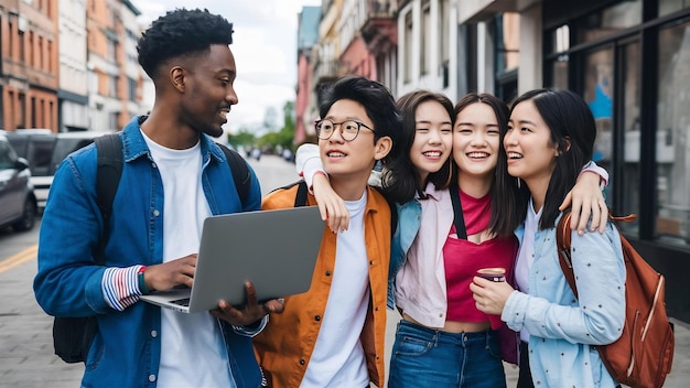 Un bel homme noir avec un ordinateur portable regardant un garçon asiatique en lunettes qui embrasse doucement des filles mignonnes