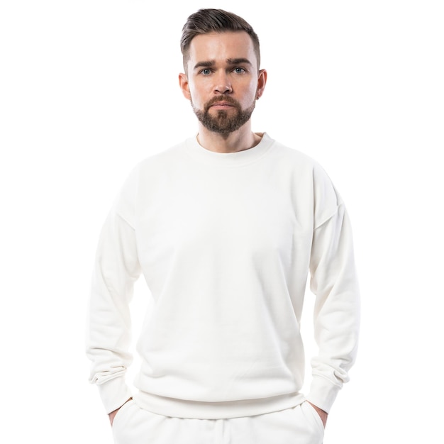 Photo bel homme portant un sweat-shirt blanc vierge isolé sur fond blanc