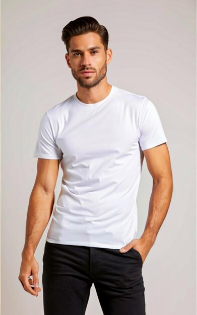 bel homme posant en t-shirt blanc