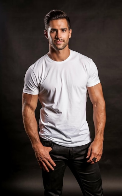 bel homme posant en t-shirt blanc