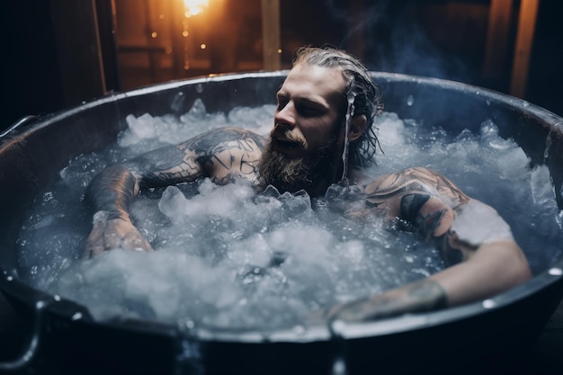 Un bel homme prenant un bain de glace dans un spa profitant d'une thérapie à l'eau froide IA générative