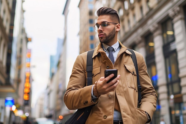 Un bel homme professionnel qui se promène dans la ville en utilisant son téléphone.