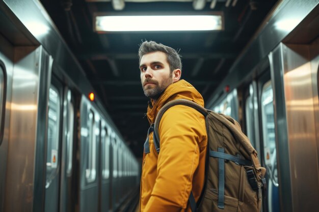 Un bel homme avec un sac à dos derrière se tient devant les portes ouvertes du métro et attend le prochain train