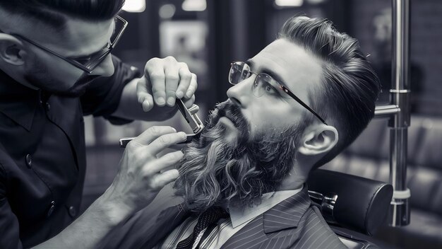 Un bel homme se coupe la barbe dans un salon de coiffure.