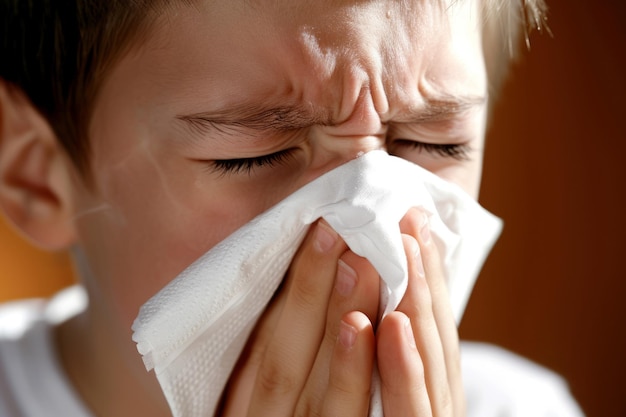 Un bel homme se souffle le nez avec un mouchoir pendant le printemps la saison des allergies les fleurs fleurissent