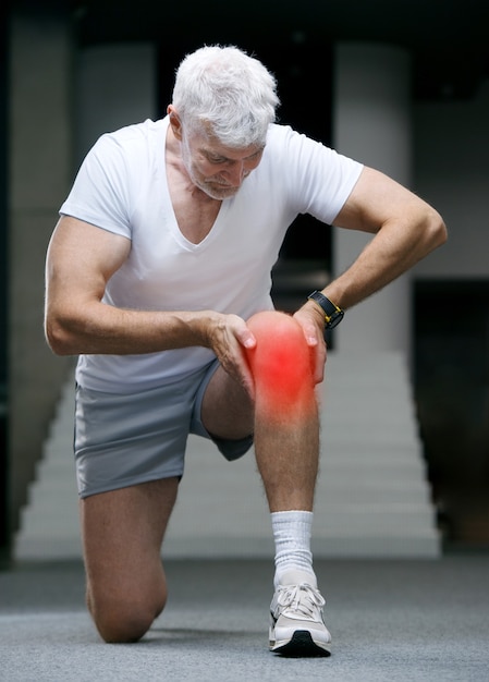 Bel homme senior aux cheveux gris blessé au genou ou à la jambe Concept de sport et de soins de santé