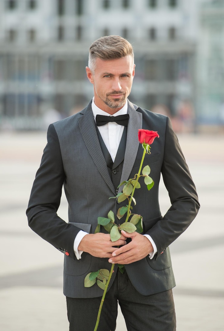 Photo un bel homme en smoking pour une occasion romantique un homme avec un cadeau romantique un bel homme romantique