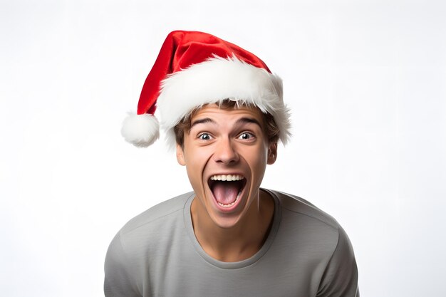 Un bel homme souriant dans un chapeau de Noël