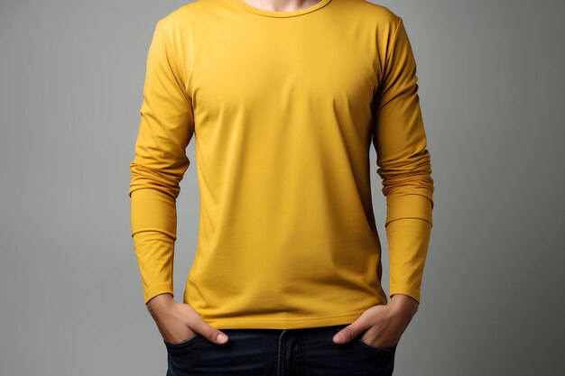 Bel homme en tee-shirt jaune posant pour un portrait sur fond gris