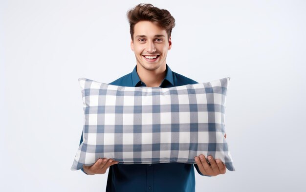 Photo un bel homme tenant une pilule de contrôle gingham isolé sur un fond blanc