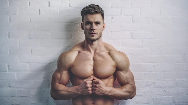 Un bel homme avec un torse musclé parfait isolé sur un mur blanc.