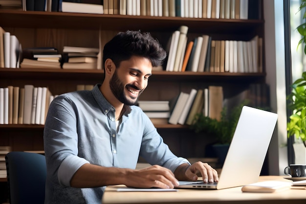 Bel homme travaillant avec un ordinateur portable avec fond d'étagère Auteur apprenant indépendant ou travail à domicile concept