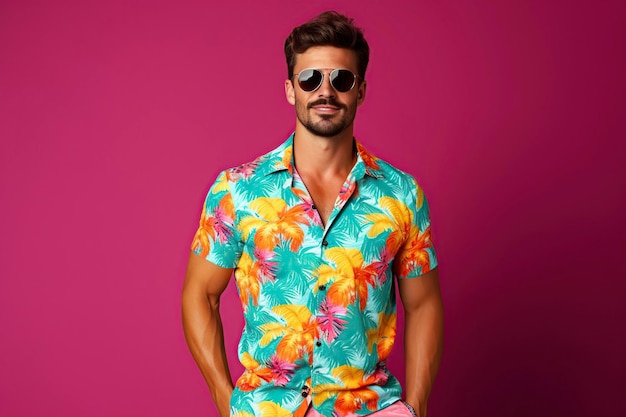 Un bel homme vêtu de vêtements tropicaux.