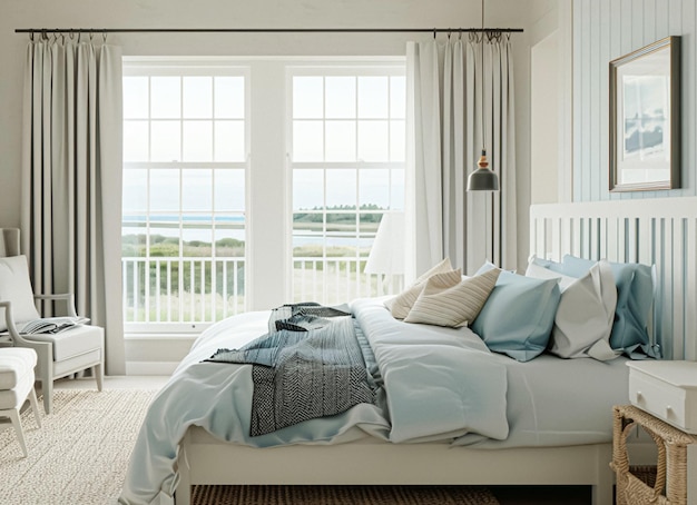 Bel intérieur d'une chambre de luxe avec une fenêtre avec vue sur la mer Concept de chalet côtier