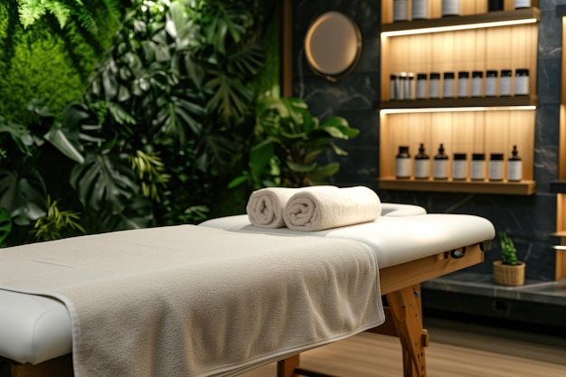 Bel intérieur du nouveau spa table de massage de relaxation dans la salle de massage dans le salon de beauté ai génération