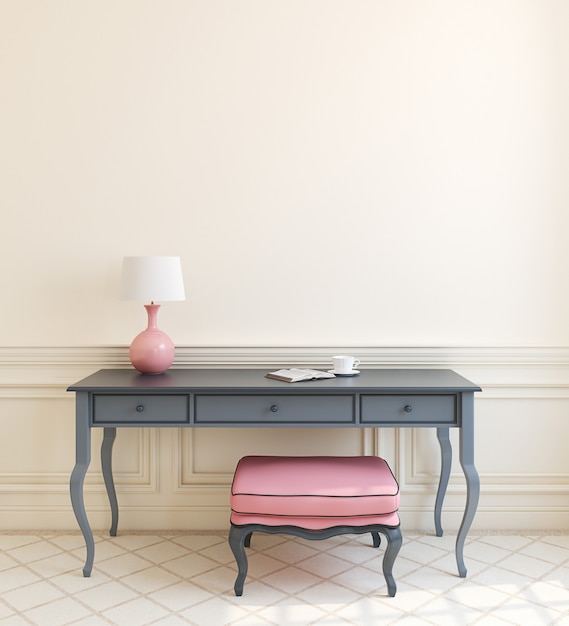 Bel intérieur moderne avec table grise et pouf rose près d'un mur beige vide. rendu 3D.