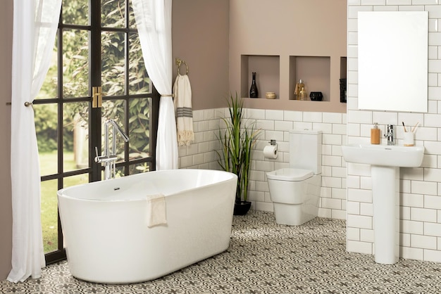 Bel intérieur de salle de bain classique avec baignoire blanche, lavabo sur pied avec miroir et toilettes