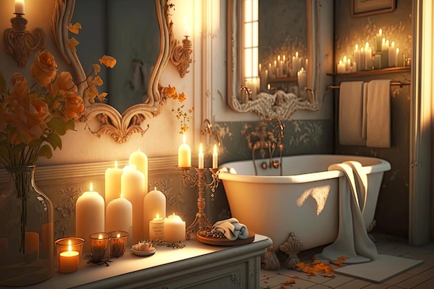 Bel intérieur de salle de bain romantique aux chandelles avec des décorations et un éclairage doux ai génératif