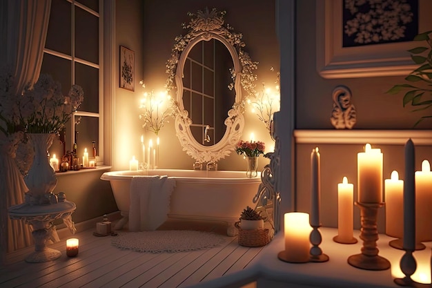 Bel intérieur de salle de bain romantique aux chandelles avec des décorations et un éclairage doux ai génératif