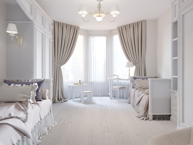 Bel intérieur de salon avec parquet et grand canapé d'angle de couleur violette dans une nouvelle maison de luxe. Style contemporain. rendu 3D.