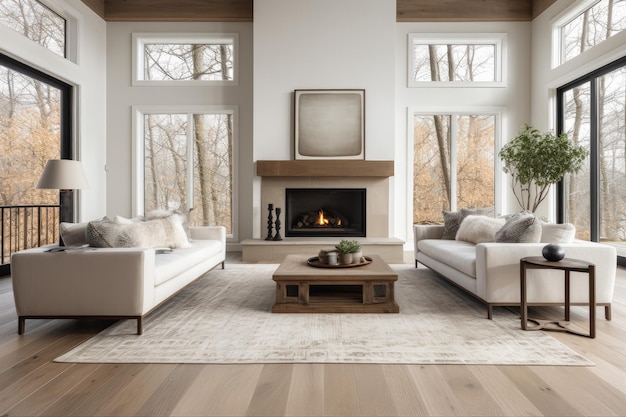 Bel intérieur de salon avec planchers en bois dur et cheminée dans une nouvelle maison de luxe